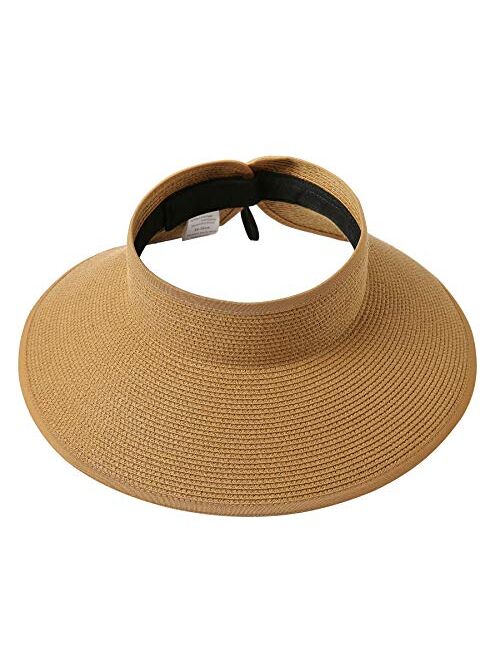 Lanzom Women Packable Hat Sun Visor Hats Wide Brim Straw Roll Up Ponytail Summer Beach Hat UPF 50