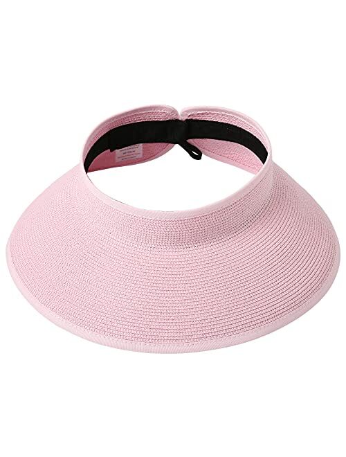 Lanzom Women Packable Hat Sun Visor Hats Wide Brim Straw Roll Up Ponytail Summer Beach Hat UPF 50