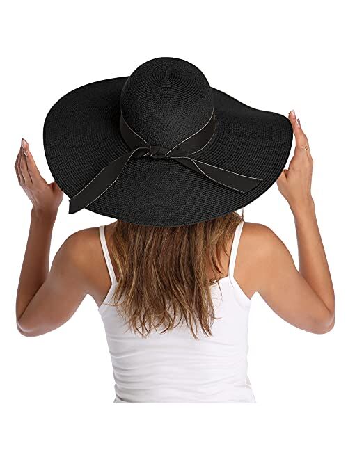 Lanzom Womens Wide Brim Straw Hat Floppy Foldable Roll up Cap Beach Sun Hat UPF 50+(Style E Bowknot-Black)