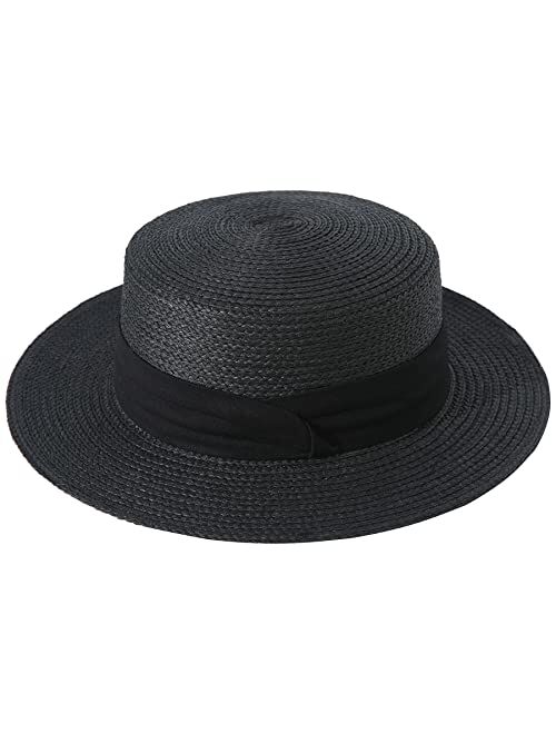 Lanzom Women Men Wide Brim Raffia Straw Boater Hat Fedora Summer Beach Sun Hat Straw Hat for Women