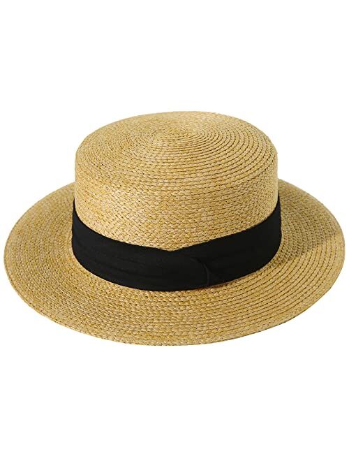 Lanzom Women Men Wide Brim Raffia Straw Boater Hat Fedora Summer Beach Sun Hat Straw Hat for Women