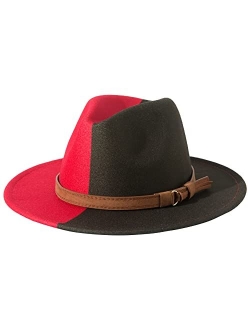 Lanzom Women Men Two Tone Wide Brim Fedora Hats Classic Felt Panama Hat with Belt Buckle