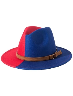 Lanzom Women Men Two Tone Wide Brim Fedora Hats Classic Felt Panama Hat with Belt Buckle