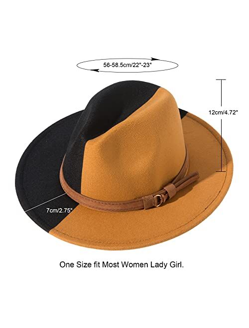 Lanzom Women Men Two Tone Wide Brim Fedora Hats Classic Felt Panama Hat with Belt Buckle