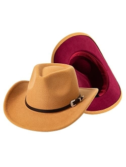 Lanzom Men Women Wide Brim Two Tone Western Cowboy Cowgirl Hats with Buckle Belt