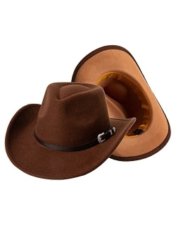 Lanzom Men Women Wide Brim Two Tone Western Cowboy Cowgirl Hats with Buckle Belt