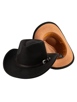 Lanzom Men Women Wide Brim Two Tone Western Cowboy Cowgirl Hats with Buckle Belt