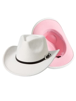 Lanzom Men Women Wide Brim Two Tone Western Cowboy Cowgirl Hats with Buckle Belt