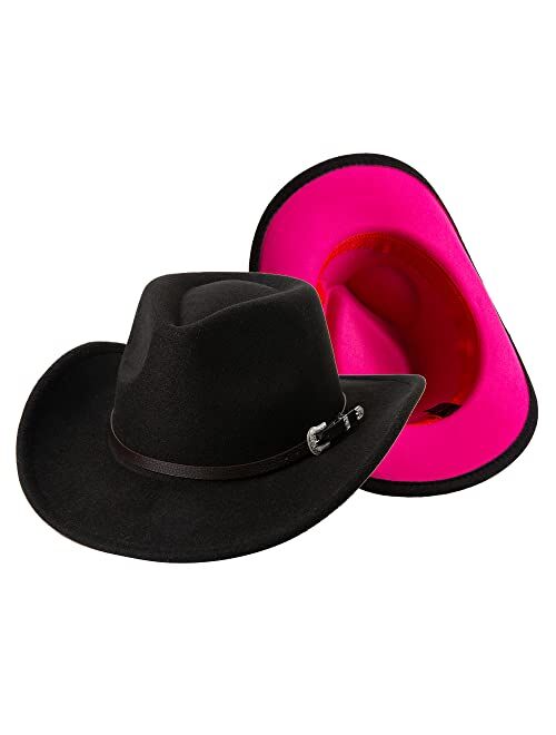 Lanzom Men Women Wide Brim Two Tone Western Cowboy Cowgirl Hats with Buckle Belt