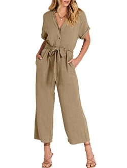 Women's Short Sleeve V Neck Buttons Waist Belt Straight Wide Leg Cropped Jumpsuits Rompers with Pockets