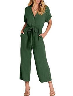 Women's Short Sleeve V Neck Buttons Waist Belt Straight Wide Leg Cropped Jumpsuits Rompers with Pockets