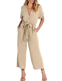 Women's Short Sleeve V Neck Buttons Waist Belt Straight Wide Leg Cropped Jumpsuits Rompers with Pockets