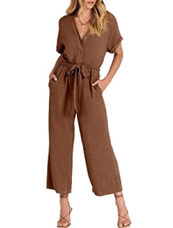 Women's Short Sleeve V Neck Buttons Waist Belt Straight Wide Leg Cropped Jumpsuits Rompers with Pockets