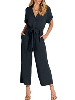 Women's Short Sleeve V Neck Buttons Waist Belt Straight Wide Leg Cropped Jumpsuits Rompers with Pockets