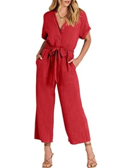 Women's Short Sleeve V Neck Buttons Waist Belt Straight Wide Leg Cropped Jumpsuits Rompers with Pockets