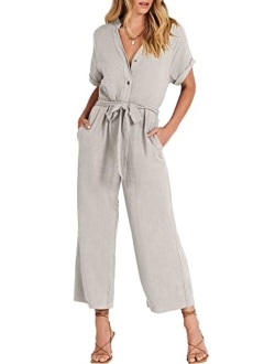 Women's Short Sleeve V Neck Buttons Waist Belt Straight Wide Leg Cropped Jumpsuits Rompers with Pockets