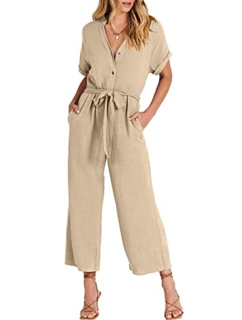 ANRABESS Women's Short Sleeve V Neck Buttons Waist Belt Straight Wide Leg Cropped Jumpsuits Rompers with Pockets