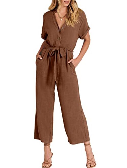 ANRABESS Women's Short Sleeve V Neck Buttons Waist Belt Straight Wide Leg Cropped Jumpsuits Rompers with Pockets