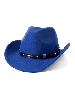 Lanzom Classic Felt Wide Brim Women Men Western Cowboy Hat Cowgirl Hats with Buckle Belt