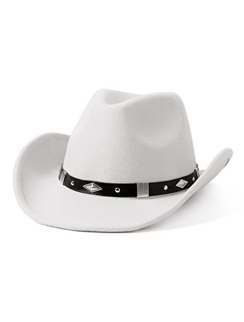 Lanzom Classic Felt Wide Brim Women Men Western Cowboy Hat Cowgirl Hats with Buckle Belt