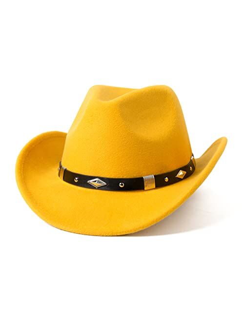 Lanzom Classic Felt Wide Brim Women Men Western Cowboy Hat Cowgirl Hats with Buckle Belt