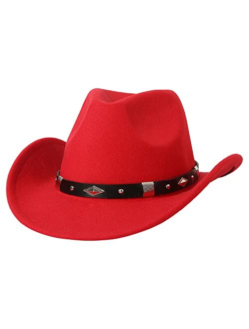 Lanzom Classic Felt Wide Brim Women Men Western Cowboy Hat Cowgirl Hats with Buckle Belt