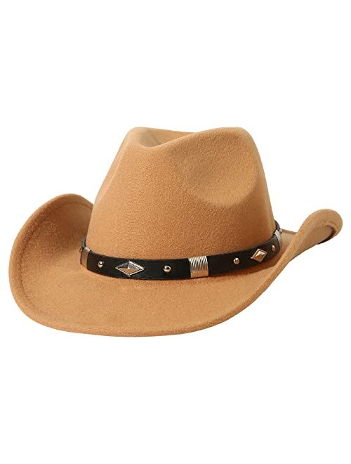 Lanzom Classic Felt Wide Brim Women Men Western Cowboy Hat Cowgirl Hats with Buckle Belt