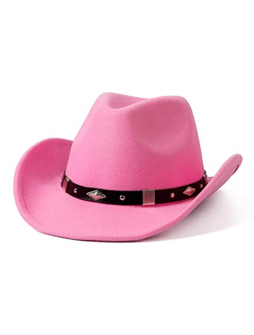 Lanzom Classic Felt Wide Brim Women Men Western Cowboy Hat Cowgirl Hats with Buckle Belt