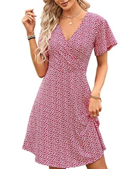 FENSACE Womens Sundress Summer Floral Short Sleeve Wrap V Neck A-Line Midi Dress