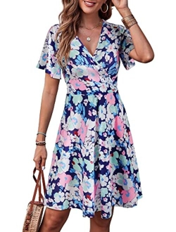 FENSACE Womens Sundress Summer Floral Short Sleeve Wrap V Neck A-Line Midi Dress