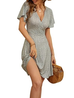 FENSACE Womens Sundress Summer Floral Short Sleeve Wrap V Neck A-Line Midi Dress