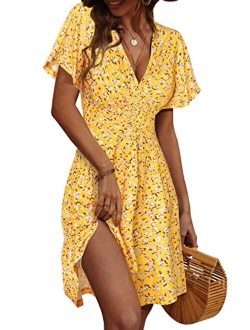 FENSACE Womens Sundress Summer Floral Short Sleeve Wrap V Neck A-Line Midi Dress