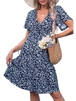 FENSACE Womens Sundress Summer Floral Short Sleeve Wrap V Neck A-Line Midi Dress