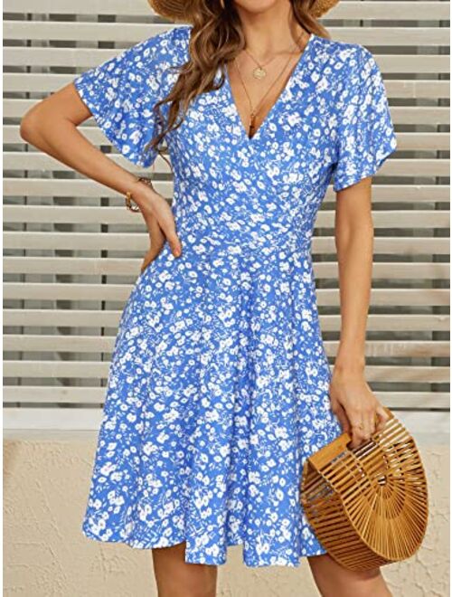 FENSACE Womens Sundress Summer Floral Short Sleeve Wrap V Neck A-Line Midi Dress