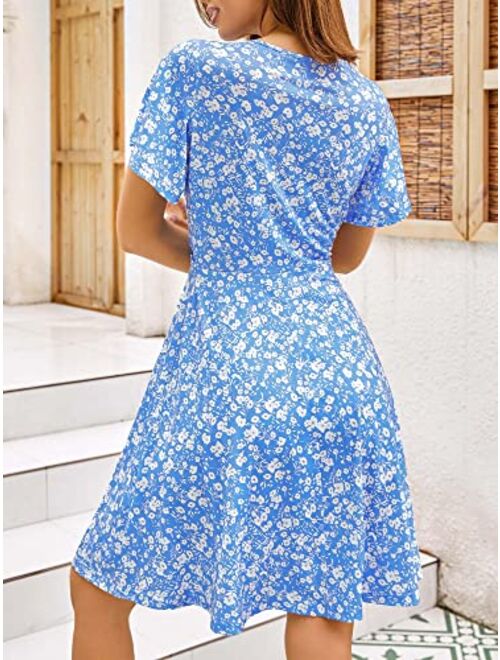 FENSACE Womens Sundress Summer Floral Short Sleeve Wrap V Neck A-Line Midi Dress