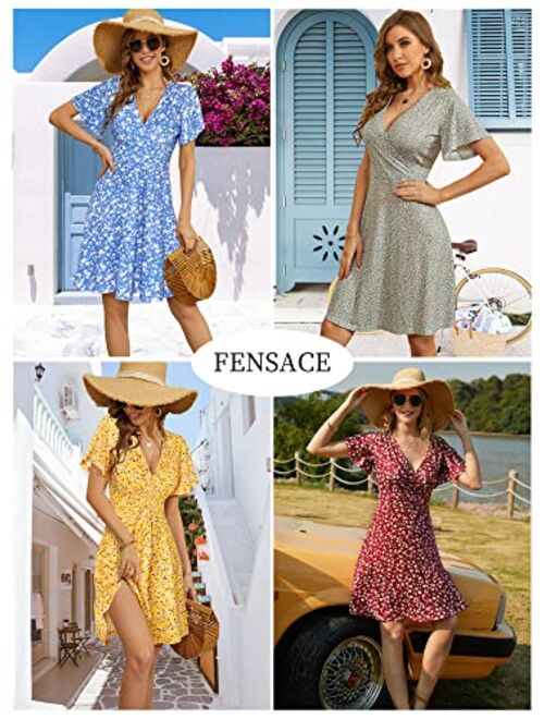 FENSACE Womens Sundress Summer Floral Short Sleeve Wrap V Neck A-Line Midi Dress