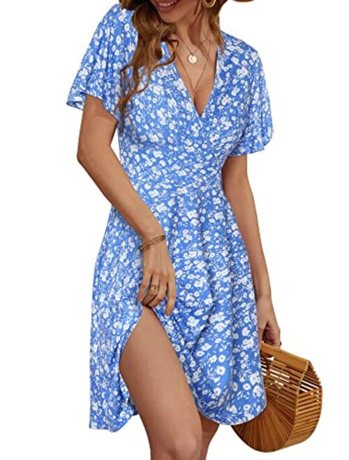 FENSACE Womens Sundress Summer Floral Short Sleeve Wrap V Neck A-Line Midi Dress