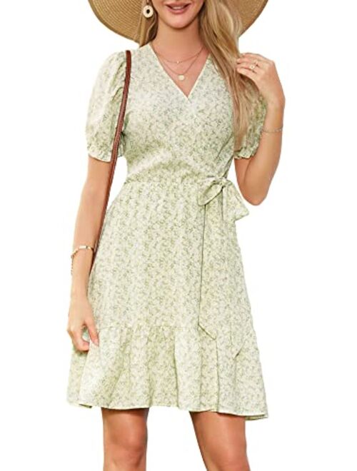 FENSACE Womens Sundress Summer Floral Short Sleeve Wrap V Neck A-Line Midi Dress