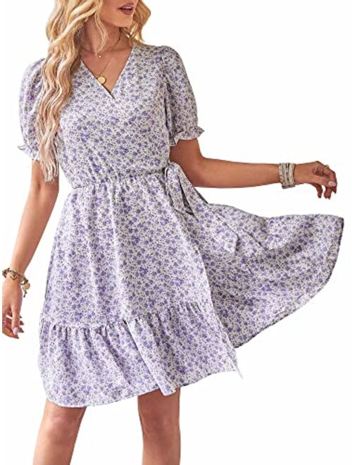 FENSACE Womens Sundress Summer Floral Short Sleeve Wrap V Neck A-Line Midi Dress