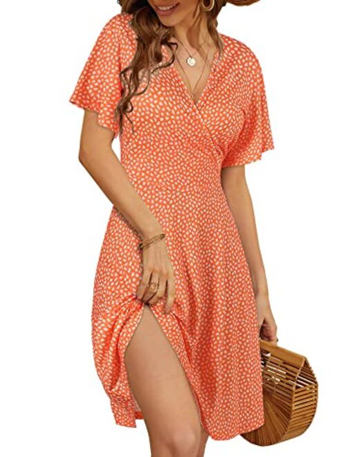 FENSACE Womens Sundress Summer Floral Short Sleeve Wrap V Neck A-Line Midi Dress