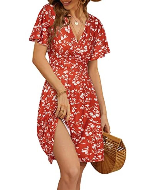 FENSACE Womens Sundress Summer Floral Short Sleeve Wrap V Neck A-Line Midi Dress