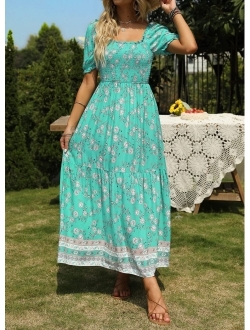 Women's 2023 Summer Boho Floral Print Square Neck Ruffle Swing Beach Long Maxi Dress