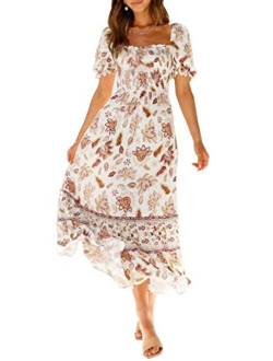 Women's 2023 Summer Boho Floral Print Square Neck Ruffle Swing Beach Long Maxi Dress