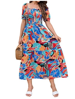 Women's 2023 Summer Boho Floral Print Square Neck Ruffle Swing Beach Long Maxi Dress