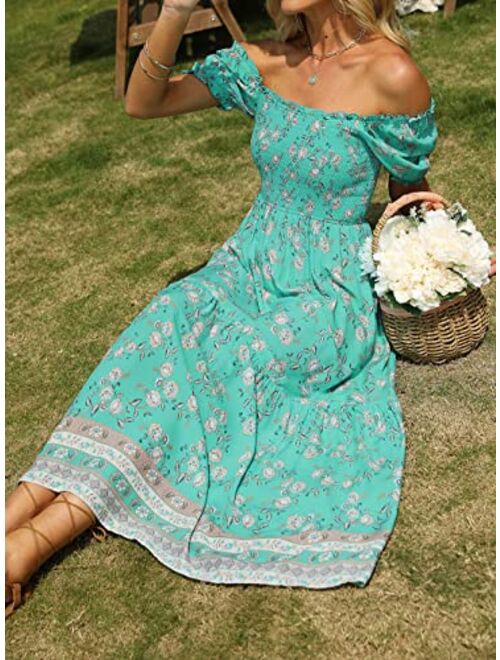 ZESICA Women's 2023 Summer Boho Floral Print Square Neck Ruffle Swing Beach Long Maxi Dress