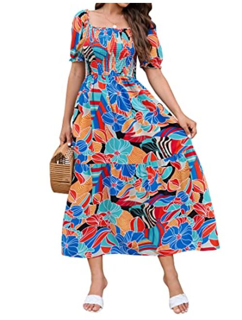 ZESICA Women's 2023 Summer Boho Floral Print Square Neck Ruffle Swing Beach Long Maxi Dress