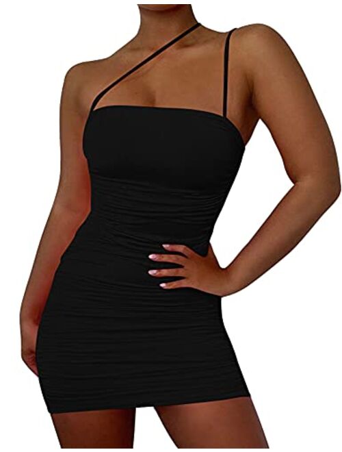 Mizoci Women's Sexy Sleeveless Ruched Spaghetti Strap Bodycon Mini Club Party Dress