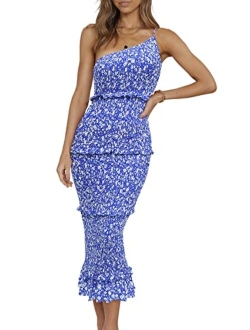 Women's Summer Midi Bodycon Dresses One Shoulder Strappy Tiered Ruffle Floral Boho Sun Dress