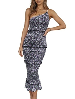 Women's Summer Midi Bodycon Dresses One Shoulder Strappy Tiered Ruffle Floral Boho Sun Dress