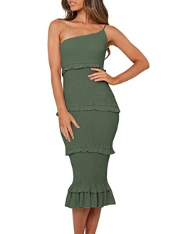 Women's Summer Midi Bodycon Dresses One Shoulder Strappy Tiered Ruffle Floral Boho Sun Dress